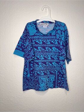 Vintage Aussie AOP Blue & Teal Short Sleeve Surf/Beach/Ocean Pattern Tee Size 8